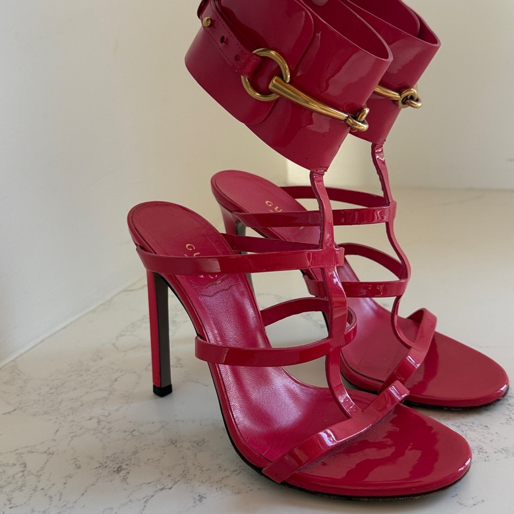 Gucci Ursula Horsebit Ankle Strap Heels Red Patent Leather Size 36.5 - Picture 17 of 17